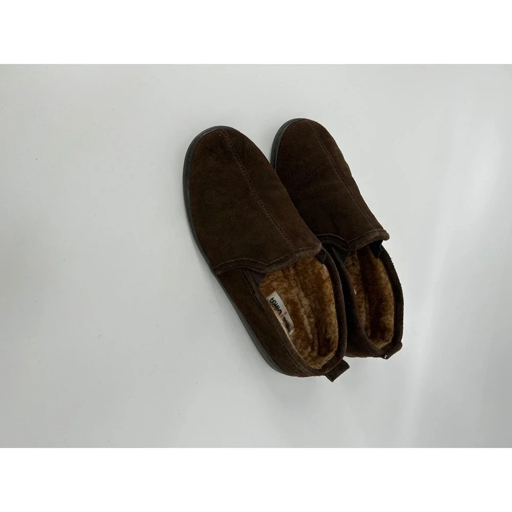Minnetonka Suede Slippers Mens 12 Brown Excellent Faux Fur Lined Slip On 41622